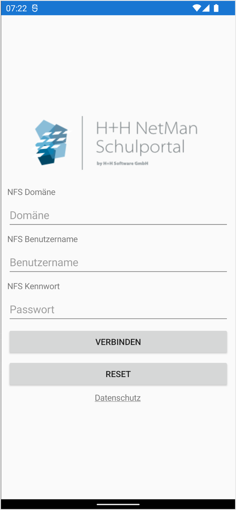 App-Anmeldefenster für das NetMan Portal mit den Eingabefeldern: "Domäne", "Anmeldename", "Kennwort" sowie den Schaltflächen "Verbinden" und "Reset".