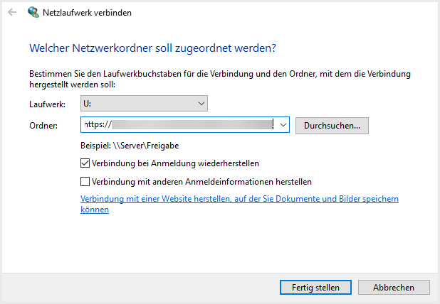 Windows Dialog Netzlaufwerk verbinden. Im Feld Laufwerk wählst Du U:, im Feld Ordner fügst Du die WebDAV-URL ein. Schließe den Dialog mit der Schaltfläche "Fertig stellen".
