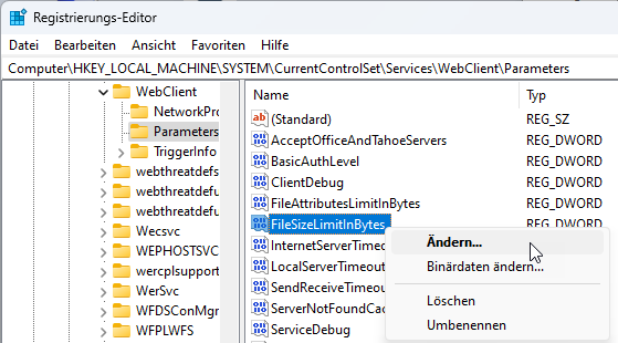 Windows Registry ParameterFileSizeLimitinByte